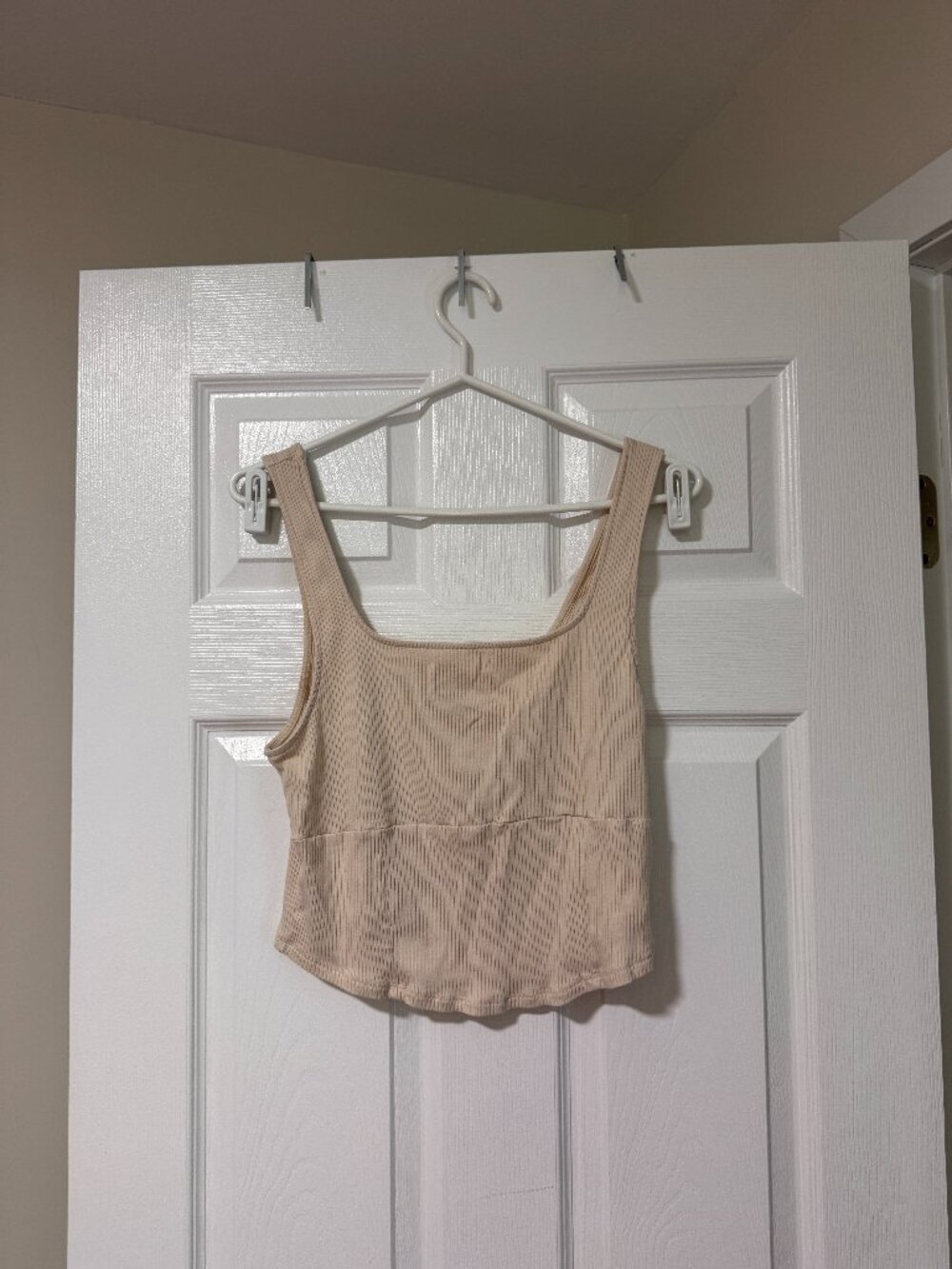 Cream Ribbed Cropped Tank Top | Square Neck Fitted Neutral Basic (XL)